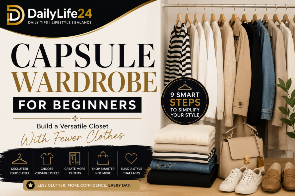 Capsule wardrobe for beginners showing versatile clothing essentials and wardrobe planning