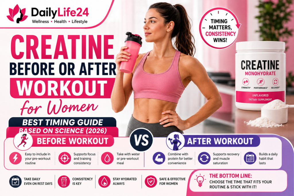 Creatine before or after workout for women timing guide showing the best time to take creatine for strength and recovery.