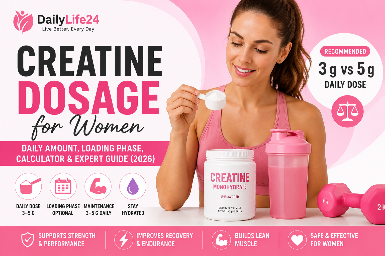 Creatine dosage for women guide showing the recommended daily amount of creatine monohydrate for female fitness and performance