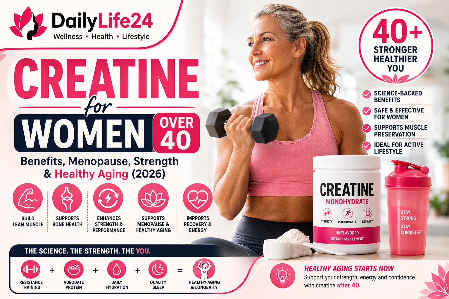 Creatine for women over 40 guide explaining menopause, healthy aging, muscle strength, and recovery benefits.