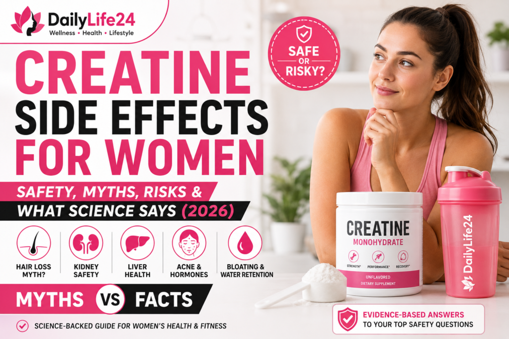 Creatine side effects for women guide explaining myths, safety, and research-backed facts about creatine supplementation.