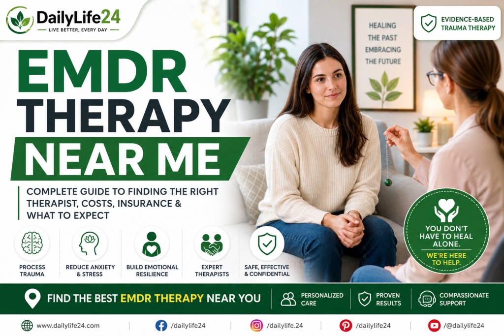 EMDR therapy near me guide showing trauma therapy, licensed therapist, treatment costs, and insurance options.