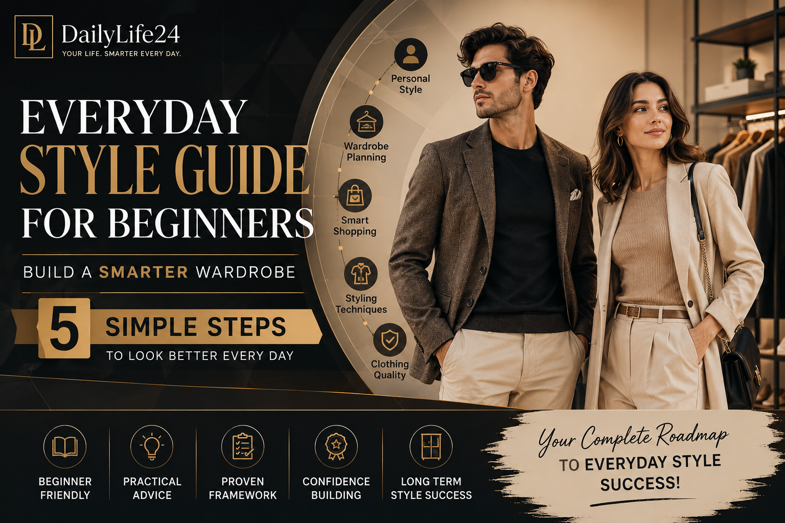 Everyday style guide for beginners showing a smart wardrobe planning system